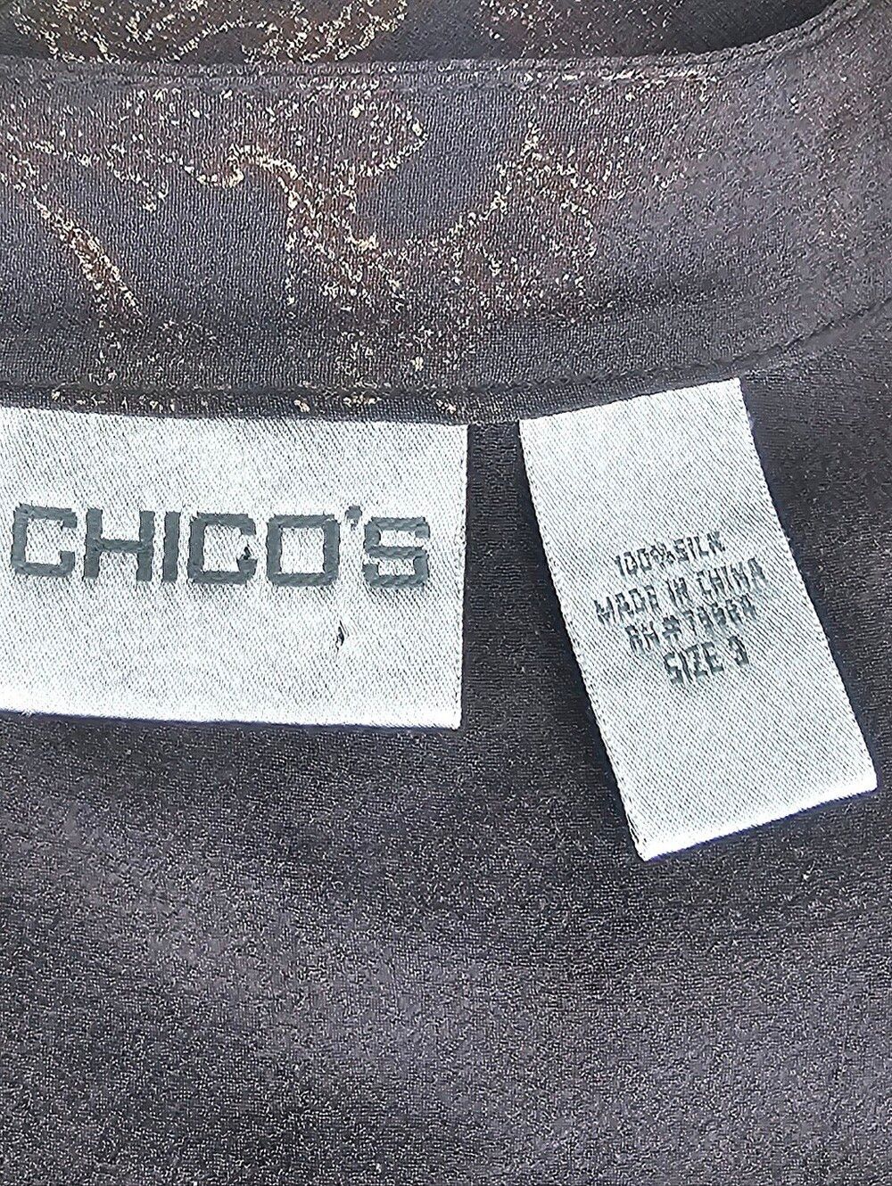 CHICO'S 100% Silk Sheer Foil Floral Blouse Mandarin Collar Pintuck Size 3 - Picture 12 of 13